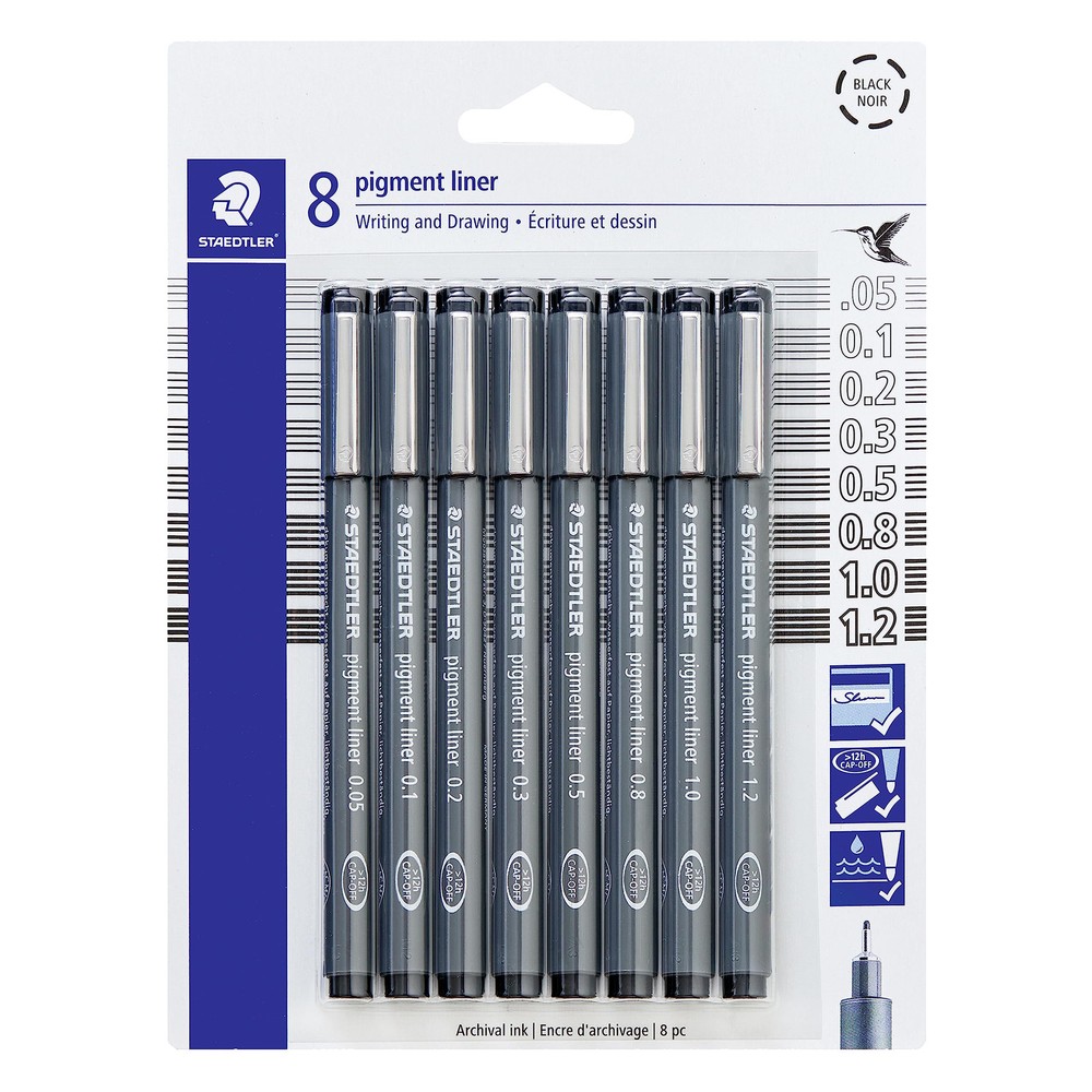 STAEDTLER Pigment Liner Pack Black 8 Pens Assorted Line Widths 0.05Mm 0.1Mm