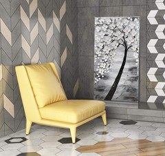 Yihui Arts Hand-Painted Textured White Blossom Tree Art on Canvas, Grey & Bla…