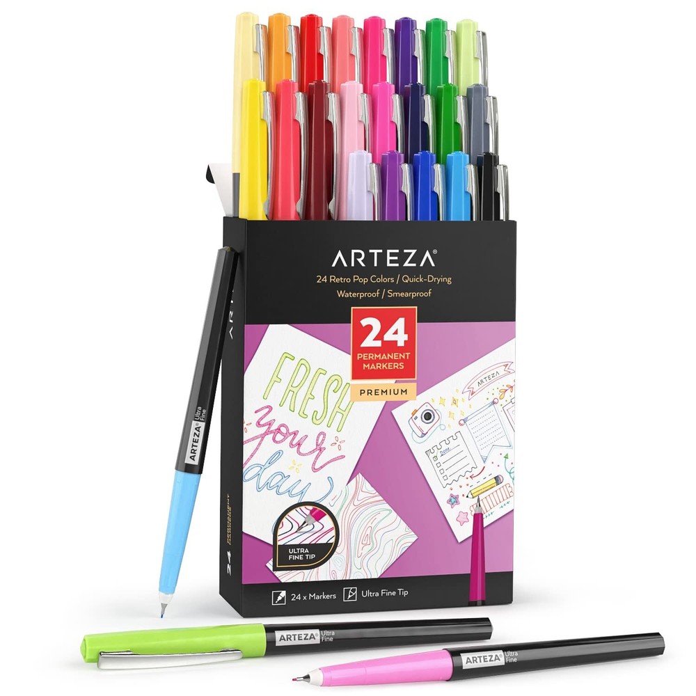 Arteza Permanent Markers | Retro Pop Colors | Ultra Fine Tip – Set of 24