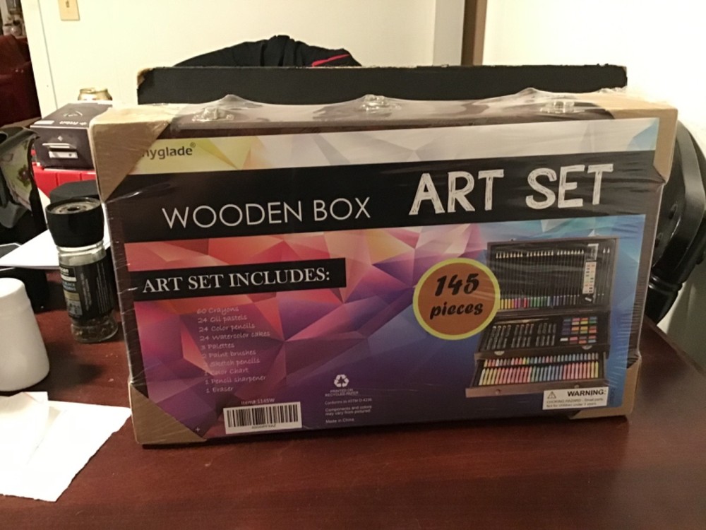 Sunnyglade 145 Piece Deluxe Art Set, Wooden Box & Drawing Kit w/ Crayons Sealed