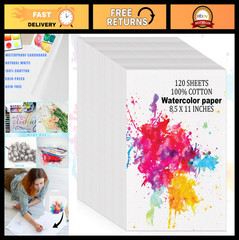 120 Sheets 100% Cotton Watercolor Paper, 8.5″x11″, 140lb Cold Press for Artists