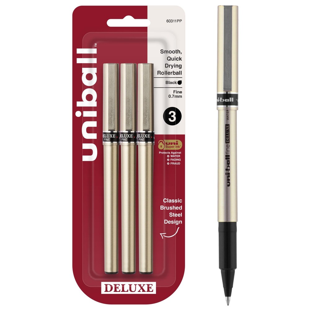 Uniball Deluxe 0.7mm Fine Point Rollerball Pen, 3 1 Count (Pack of 3), Black