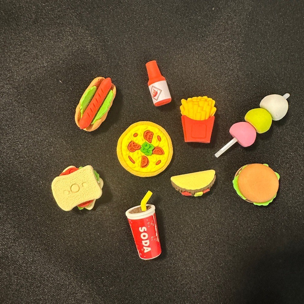 Colorful American Fast Food Junk Food 3D Pull Apart Erasers, Set of 9.
