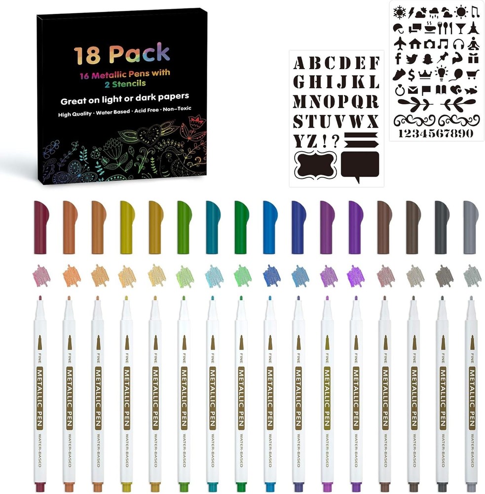 18/30 Pack Metallic Marker Pens, 24 Colors Fine Tip Paint Pens with 6 Stencils f