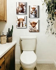 Cute Highland Cow Bathroom Framed Wall Art Funny Animal Rustic Canvas Prints