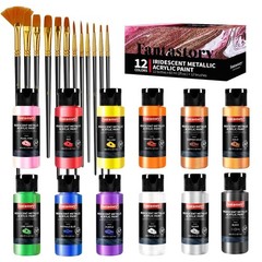 Metallic Iridescent Acrylic Paint Set – 12 Colors, 12 Brushes, Craft Kit for Woo