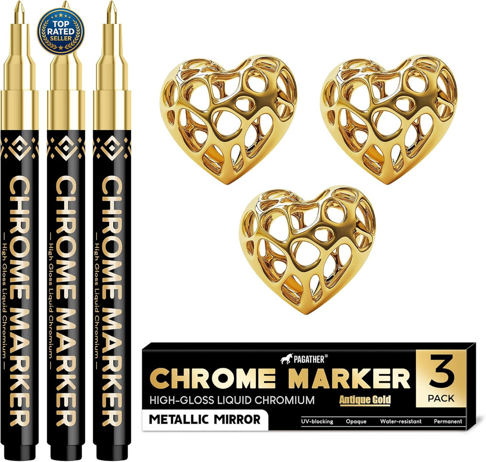3Pcs Chrome Paint Markers, Gold Color Permanent Mirror Liquid Chrome Pens for…