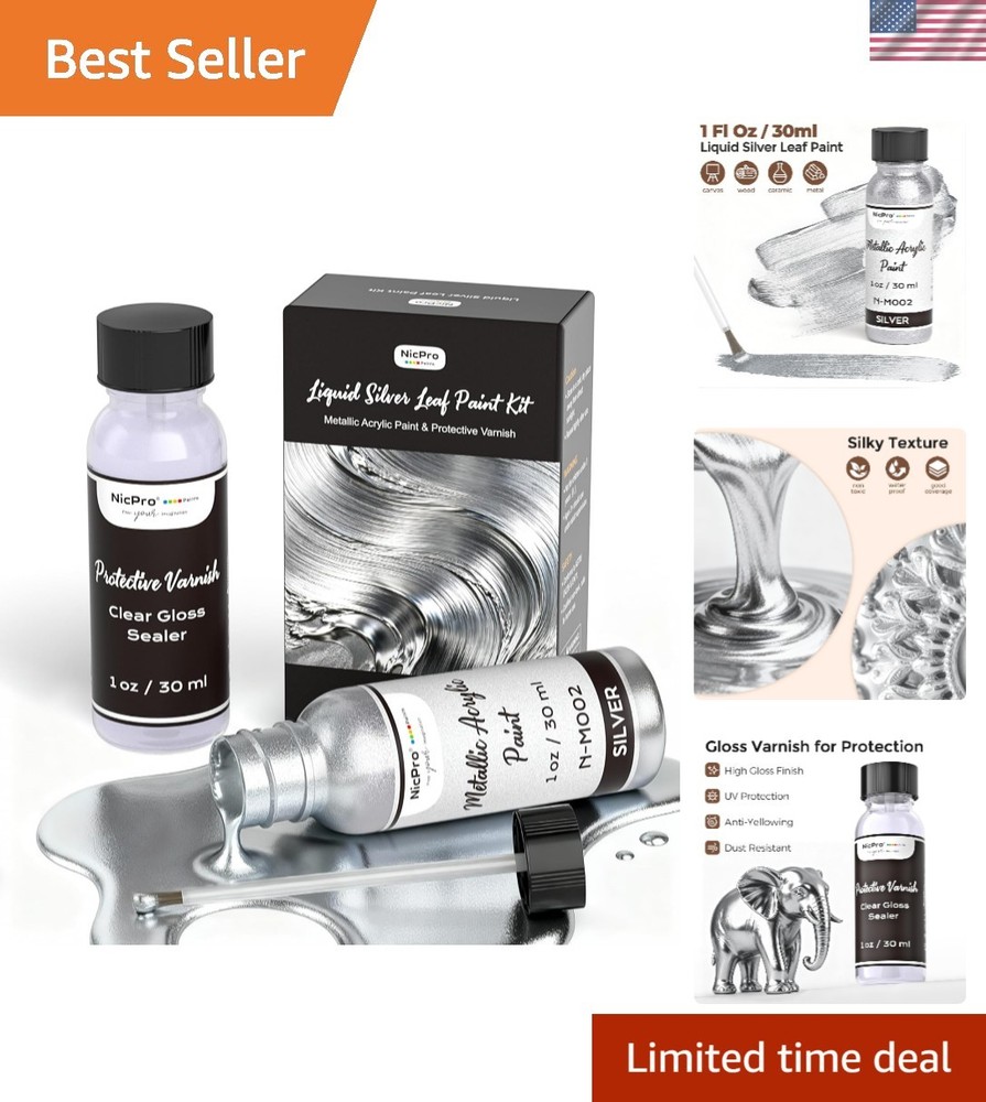 Liquid Silver Leaf Paint Kit 2x1Oz Metallic Acrylic Non-Toxic Chrome for Crafts