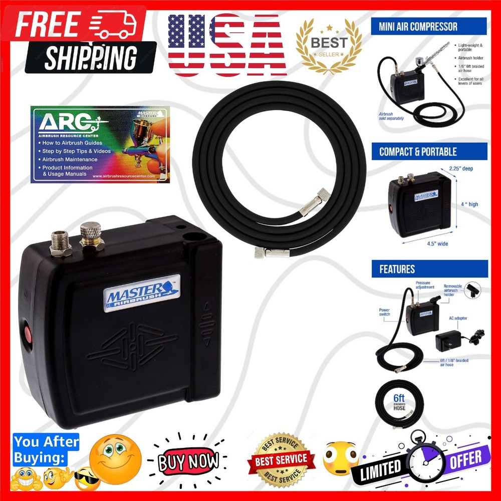 Master Model C16-B – Black Mini Airbrush Air Compressor with 6 Foot Braided A…