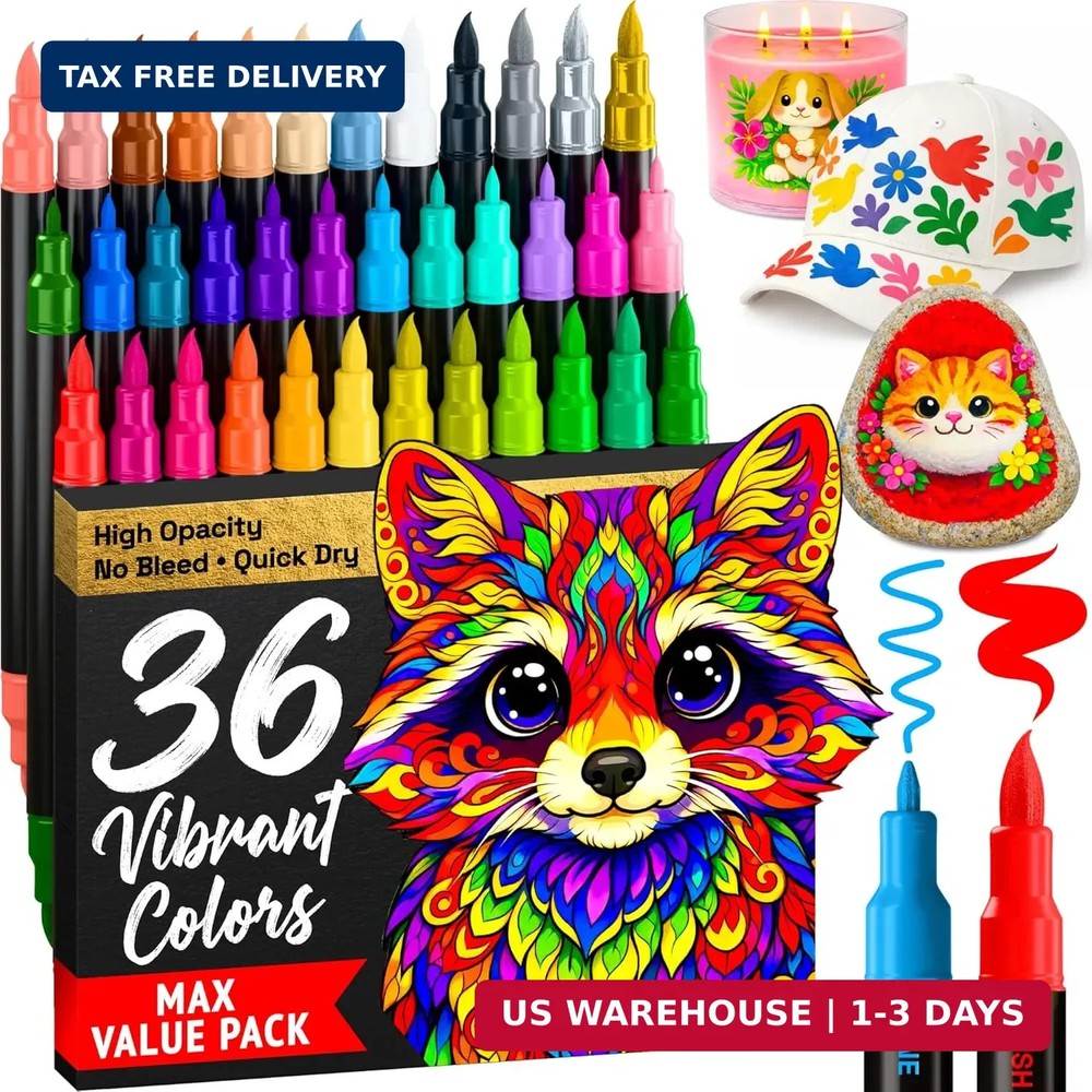 ARTISTRO 36 Acrylic Paint Markers – Paint Pens for Drawing, Brush + Fine Tips –