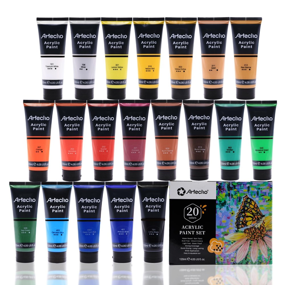 Professional Acrylic Paint Set, 20 Primary Colors (120ml / 4.05oz) Tubes, Art…