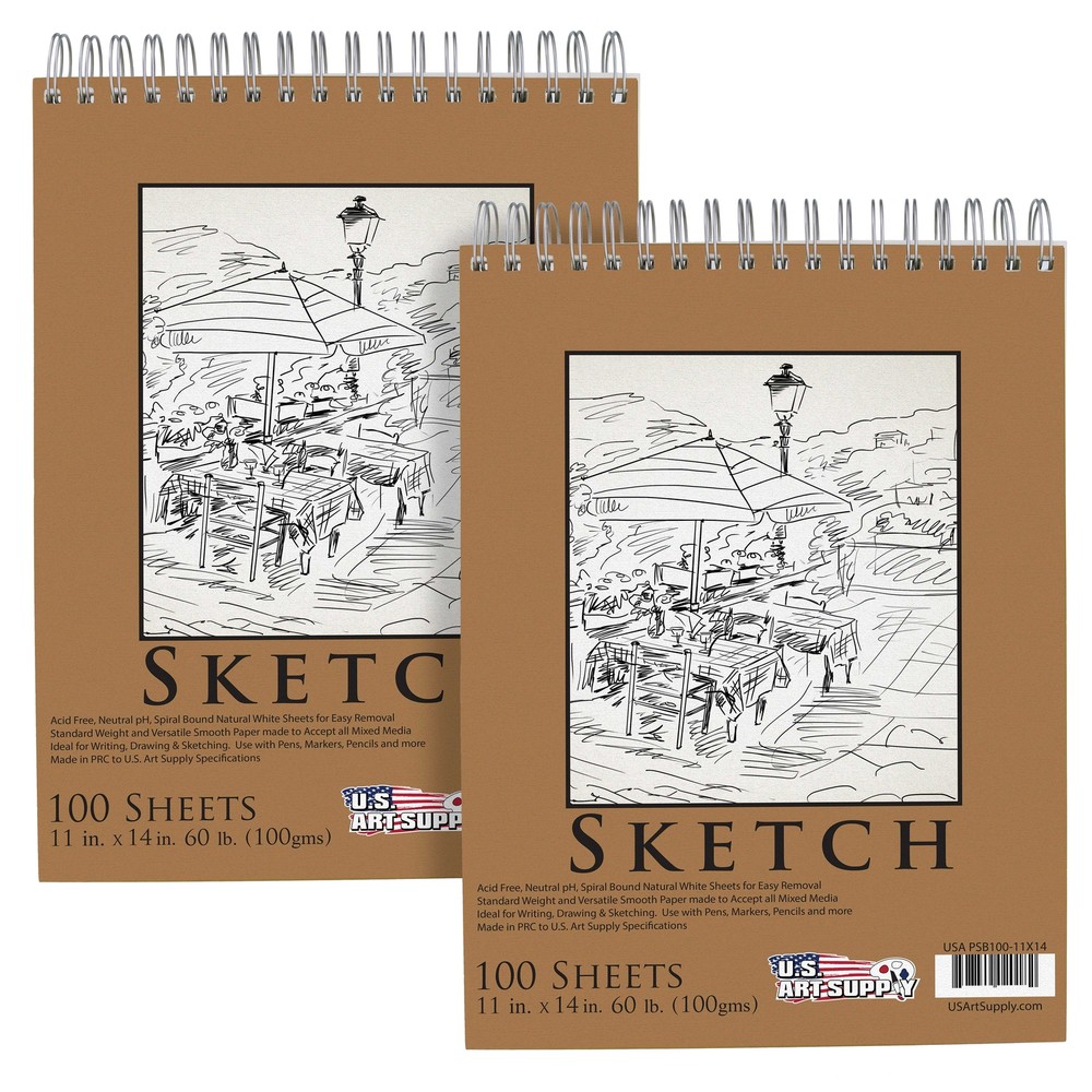 11″ x 14″ Spiral Bound Sketch Pad, Pad of 100-Sheets, 60 Pound (100gsm) (2 Pads)