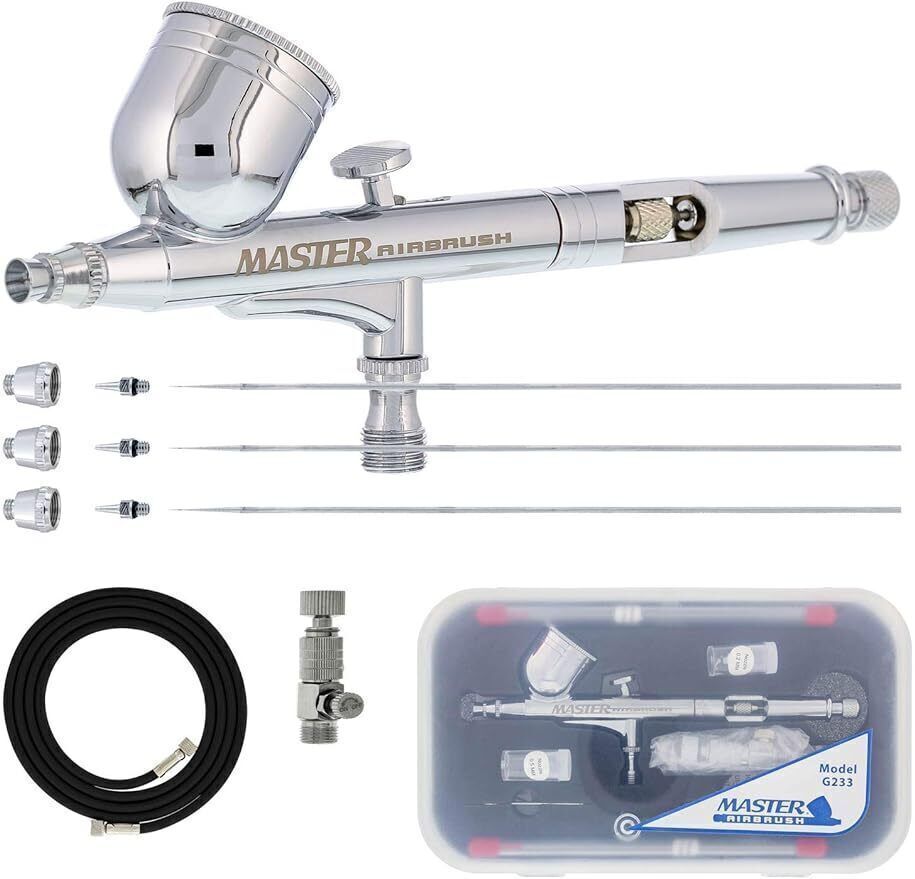 Airbrush Set with 3 Nozzle Set 0.2, 0.3 & 0.5mm Needles Fluid Tips Air Caps Hose