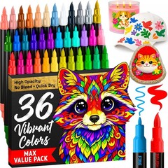 Acrylic Paint Markers 36 Pack Dual Tip Brush Fine Pens Rock Glass Wood DIY Art