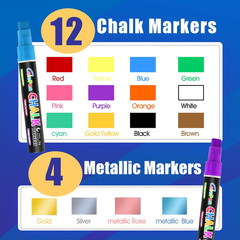Window Chalk Markers for Cars Glass Washable, 16 Colors Jumbo Liquid Chalk Marke