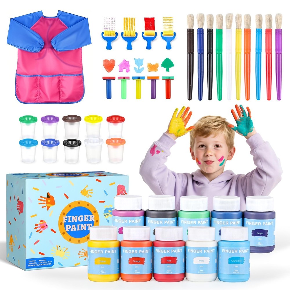 Washable Paint for Kids, 10 Colors 2 fl oz 40 Pcs Non-Toxic Finger Paint Kit …