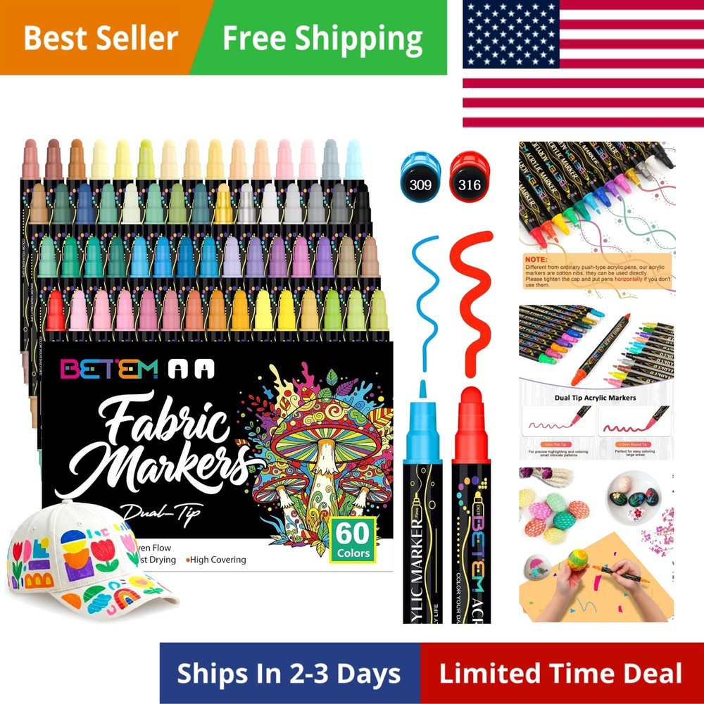 60 Colors Dual Tip Acrylic Paint Pens Markers, Fabric Decorating Kits Water-…