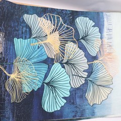 (2-Pk) Ginkgo Leaf Acrylic Painting Green Blue Gold Line Lotus 16″ x 24″