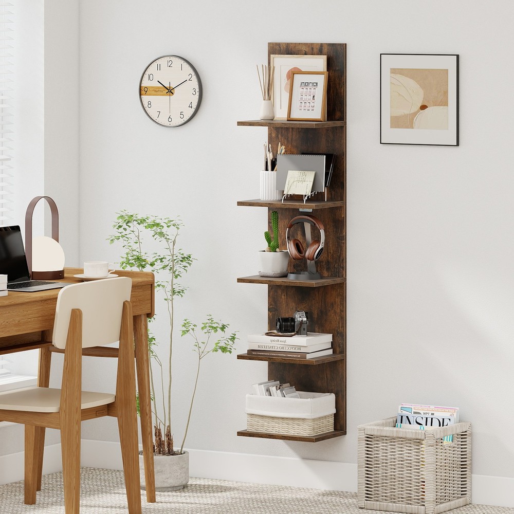 5-Tier Wall Mounted Shelf Unit with Wood Grain-Rustic Brown