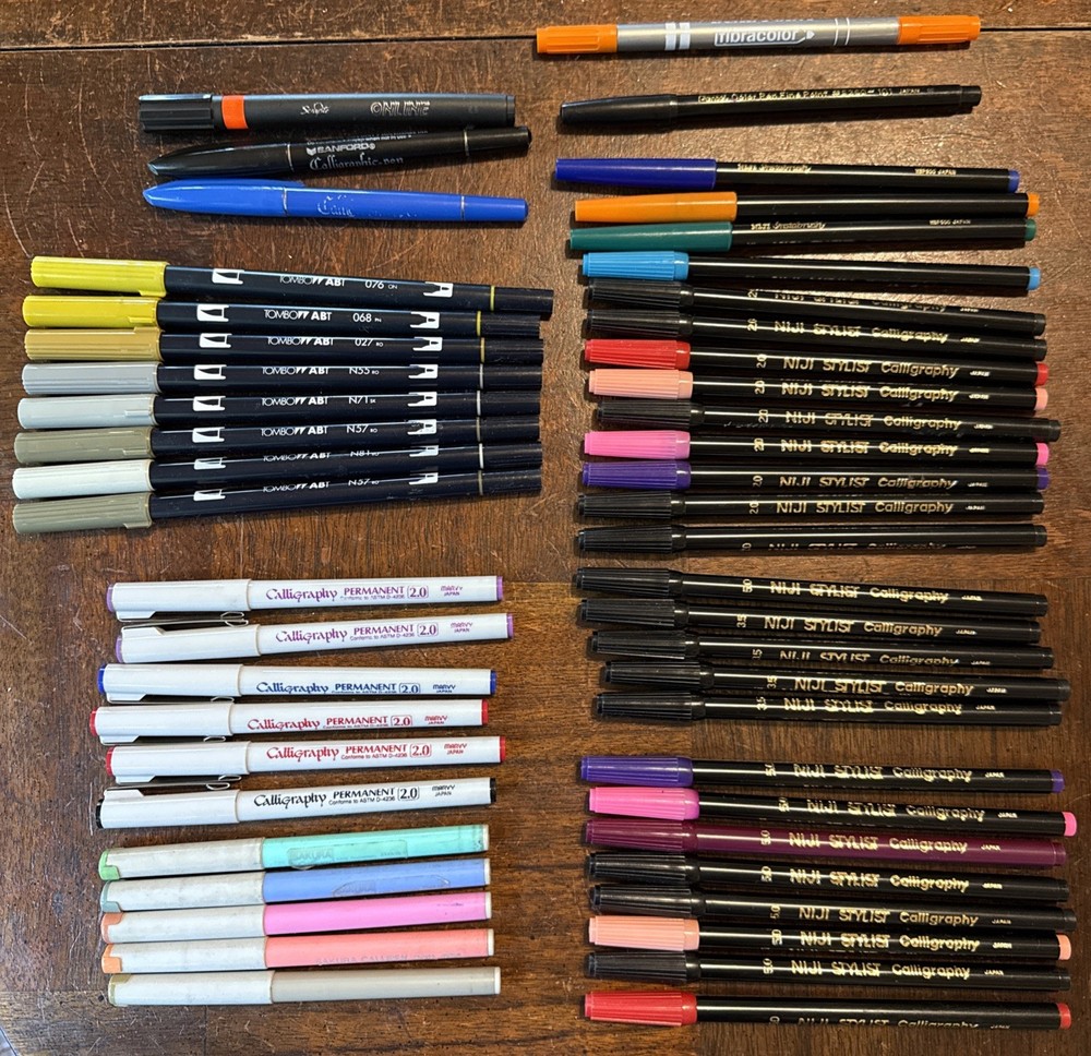 50 Calligraphy Markers Pens Tombow ABT Dual Tip Niji Stylist Marvy Sanford Lot