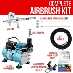 Master Airbrush Air Compressor Kit, G444 Fine Detail Gravity Feed 3 Tip Pro Set