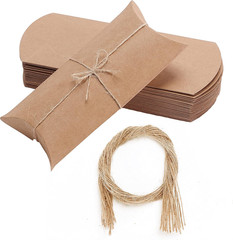 Kraft Pillow Boxes, 6.3×3.4×1.3 in, 25 Pack with Jute Twines, Kraft Gift Boxes,