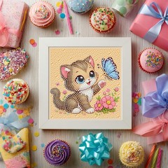 Diamond Art Kits for Kids with Frame, Cute Cat Diamond Art for Kids Ages 4-6-8 f