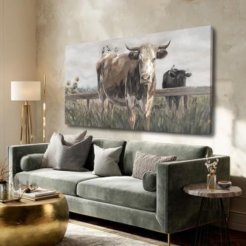 ZENPEE Black and Canvas Wall Art Painting – Rustic 48″L x 24″W Brown Cow