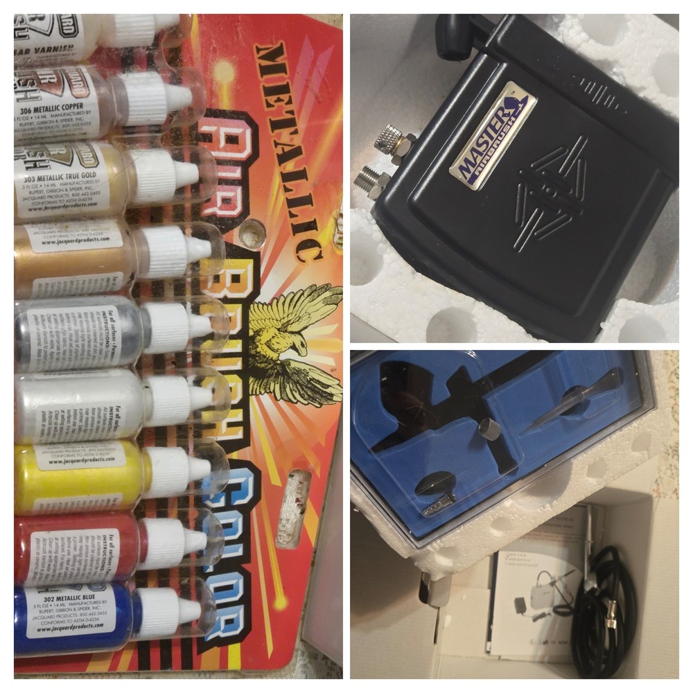 Airbrush LOT Kit-VC16-B22 Portable Mini Air Compressor MASTER METALLIC PAINT NEW