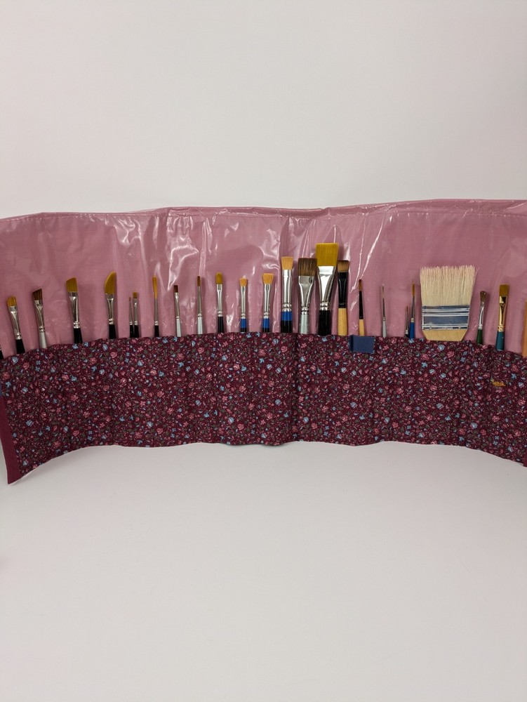 Artist Paint Brush Roll Case Handmade Filled With 25 Brushes EUC