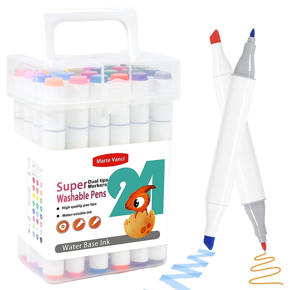 Washable Markers for Kids, 24 Colors Dual Tip Markers with Carrying Case, Col…