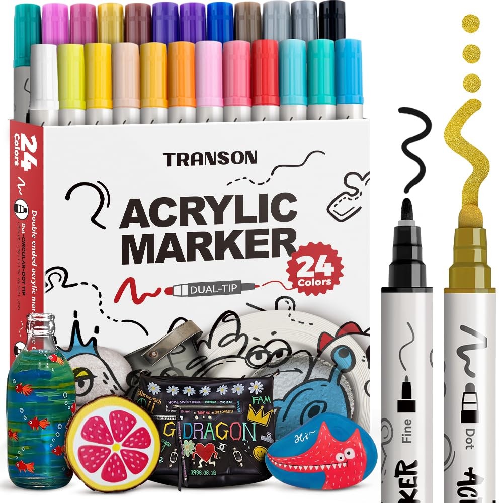 24 Color Bold and Fine Dual-tip Acrylic Paint Pen Set for Canvas Rock Wood Le…