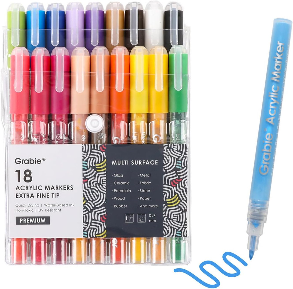 Grabie Acrylic Paint Pens Markers, 18 Colors, 0.7 mm, Extra Fine Tip Drawing Mar