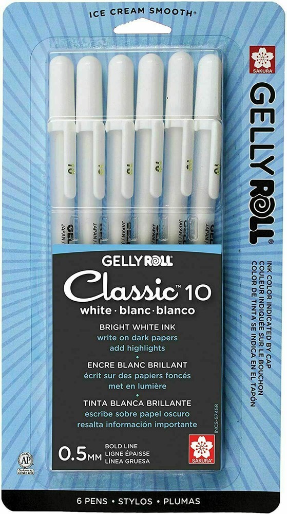 Jelly Roll Roller Gel Pens – Classic White Ink – 6 Pack New
