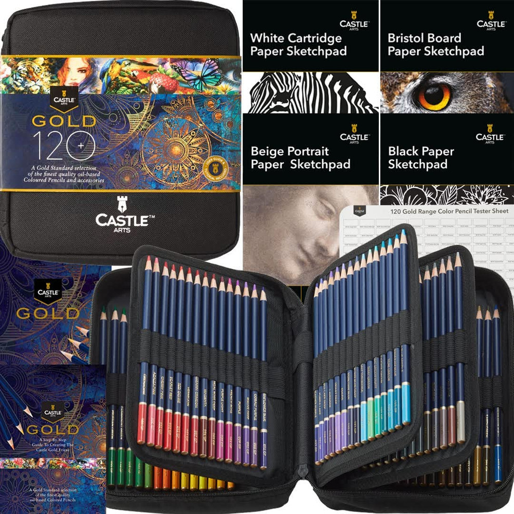 Castle Art Supplies Gold Standard 120 Coloring Pencils Set with Extras, Oil-Base