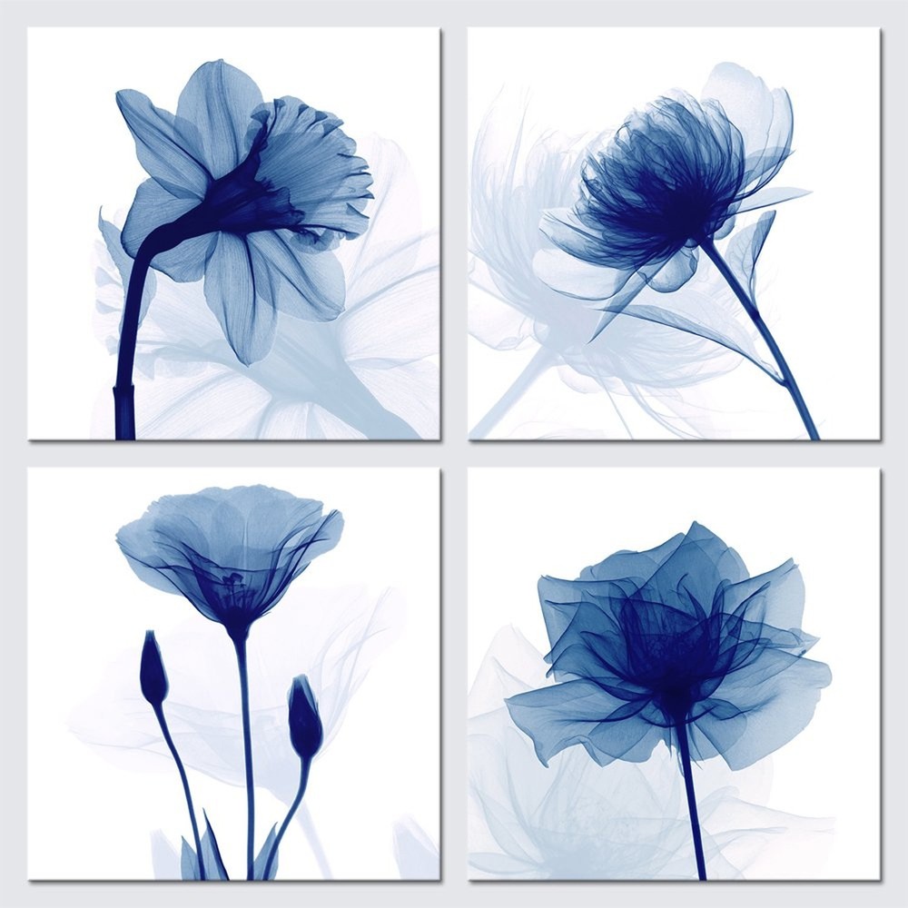 Pyradecor Blue Flickering Flower Abstract Paintings Canvas Wall Art Grace Flo…