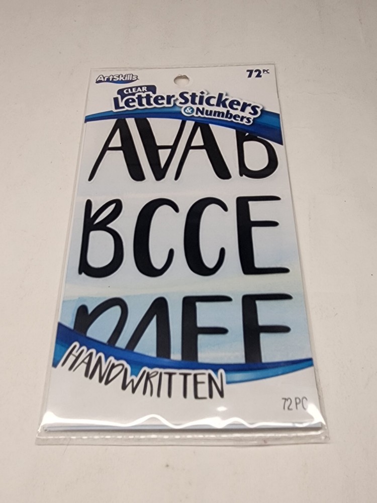 New – Art Skills 72 Pc Letter Stickers & Numbers Color Clear Black Hand Written