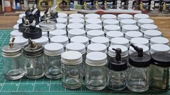 Lot of 53 Paasche 1 oz Airbrush Bottles With Lids, Seals, And Siphon Lids NEW