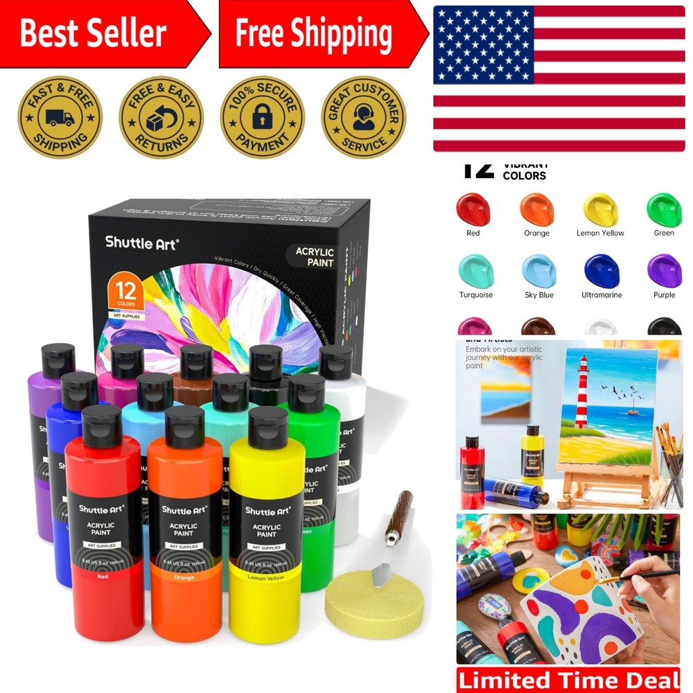 Rich Pigments 12-Color Acrylic Paint – 250ml Bottles for All Crafting Surfaces