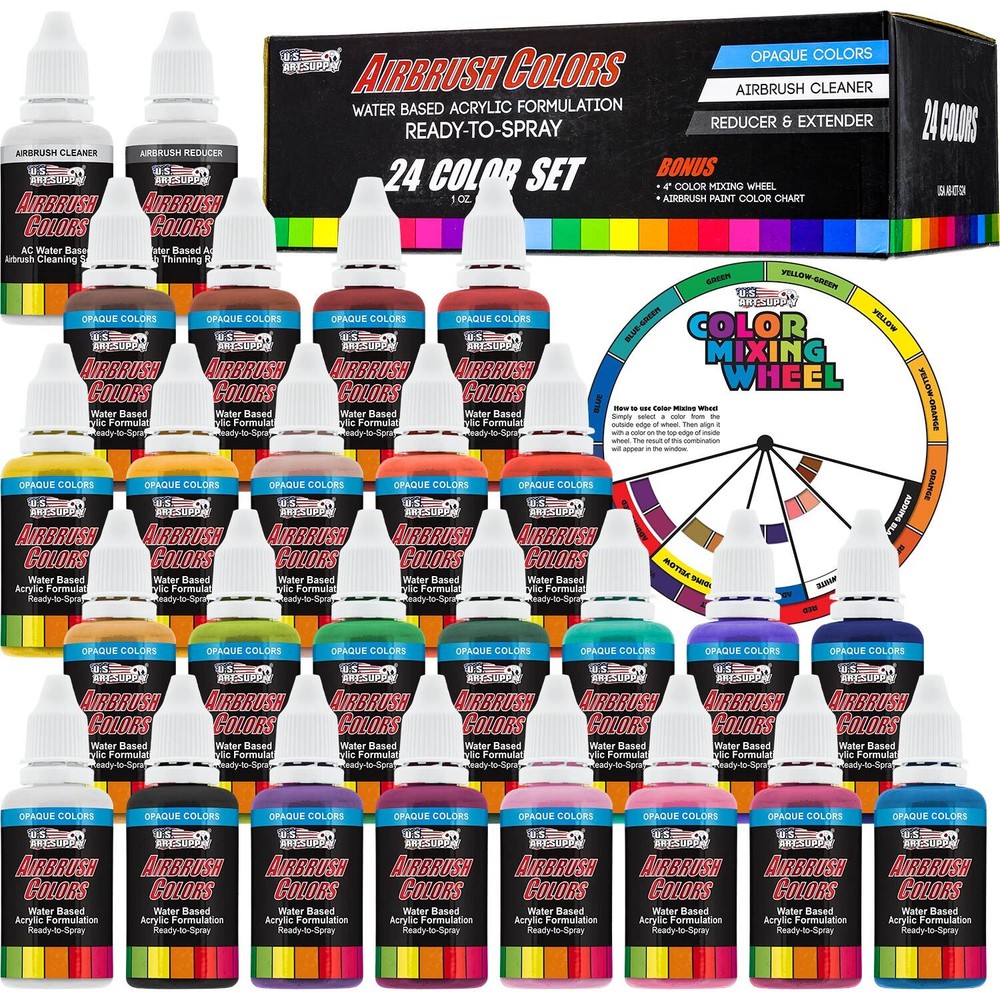 24 Color 1oz Super Starter Airbrush Acrylic Paint Set Cleaner Thinner ColorWheel