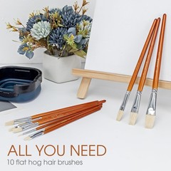 10pc Flat Hog Bristle Paint Brush Set Short Handle Artist Brushes Acrylic Oil