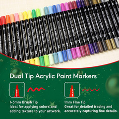30 Colors Acrylic Paint Markers, Dual Tip Fine and Brush Tips for Detailed Art