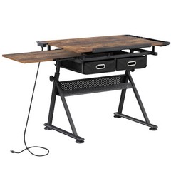 Adjustable Drafting Table Tilting Drawing Desk w/Charging Station & Stool Retro