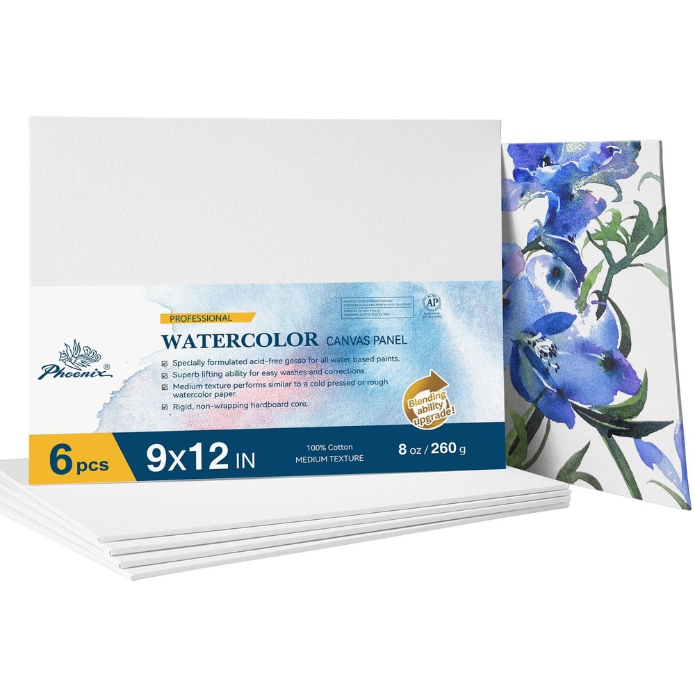 PHOENIX Watercolor Canvas Boards for Painting – 9×12 Inch/6 Pack, 100% Cotton…