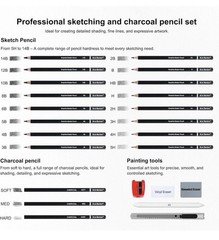 Kird Barken Sketch Pencil Set 5H-14B w Charcoal Pencils & Erasers Black