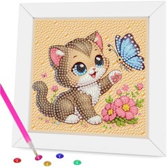 Diamond Art Kits for Kids with Frame, Cute Cat Diamond Art for Kids Ages 4-6-8 f