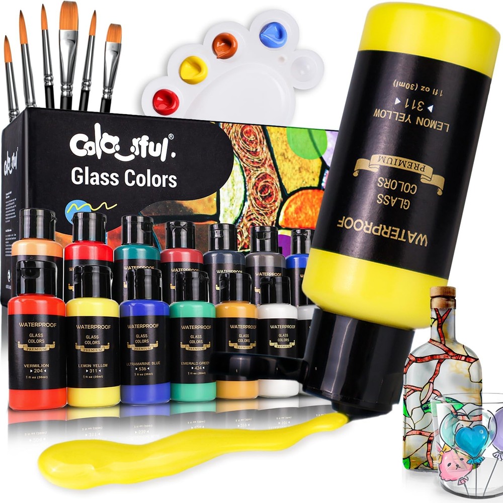 Stain Glass Paint Set With 6 Brushes 1 Palette & 1 Sponge 14 Colors Waterproof P