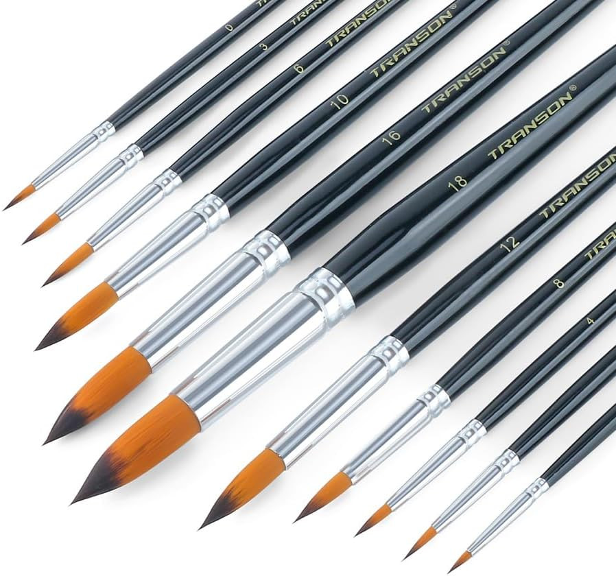 Transon 11Pcs round Paint Brush Basic Set for Watercolor, Acrylic, Gouache, Ink,