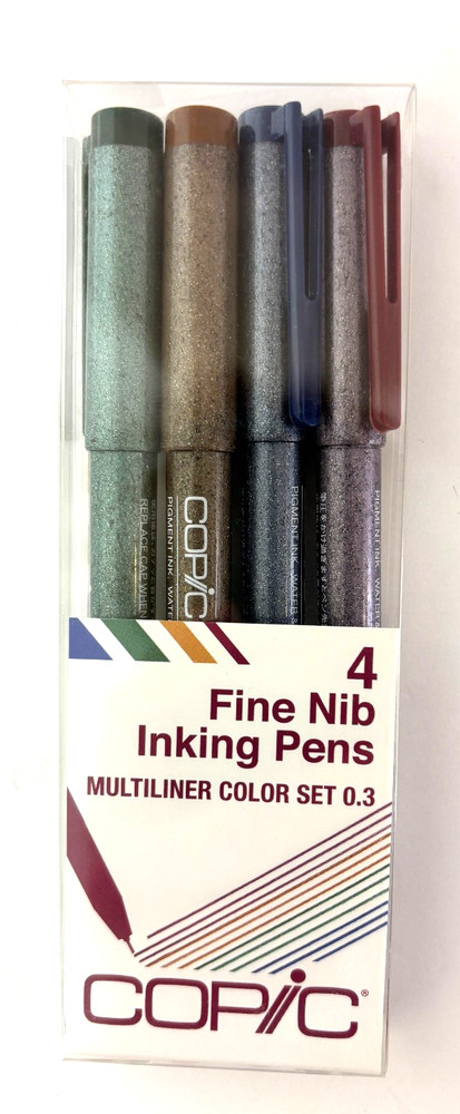 Copic Multiliner Color Set 4 Fine Nib Inking Pens 0.3mm Sepia Wine Cobalt Olive