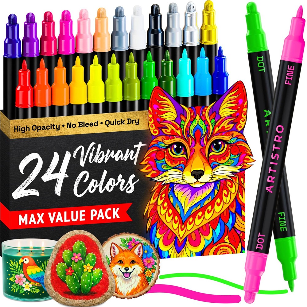 ARTISTRO 24 Dual-Tip Acrylic Paint Markers Fine & Dot Tips Multicolor Set